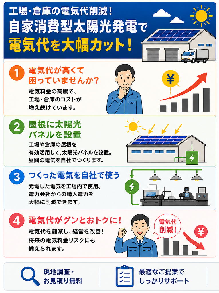 工場・倉庫の電気代削減 自家消費型太陽光発電の流れ